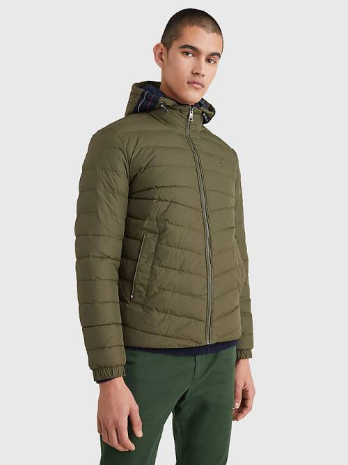 Khaki Tommy Hilfiger Hooded Tape Puffer Men\'s Jackets | TH583HSB