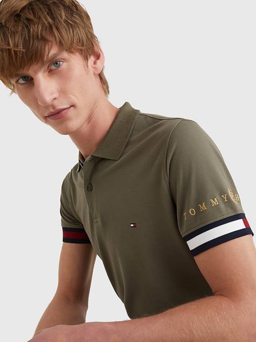 Khaki Tommy Hilfiger Icons Flag Slim Fit Men's Polo Shirts | TH170PNT