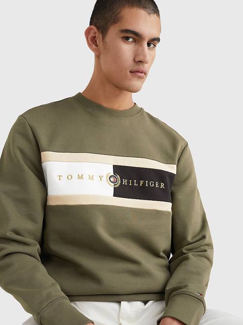 Khaki Tommy Hilfiger Icons Logo Crew Neck Men's Sweatshirts | TH092BSW