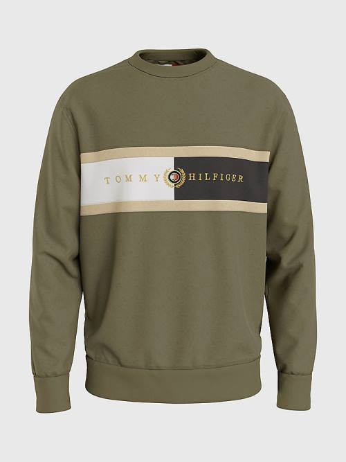 Khaki Tommy Hilfiger Icons Logo Crew Neck Men's Sweatshirts | TH092BSW