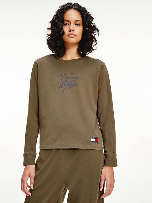 Khaki Tommy Hilfiger Long Sleeve Lounge Signature Logo Women\'s T Shirts | TH381VCS