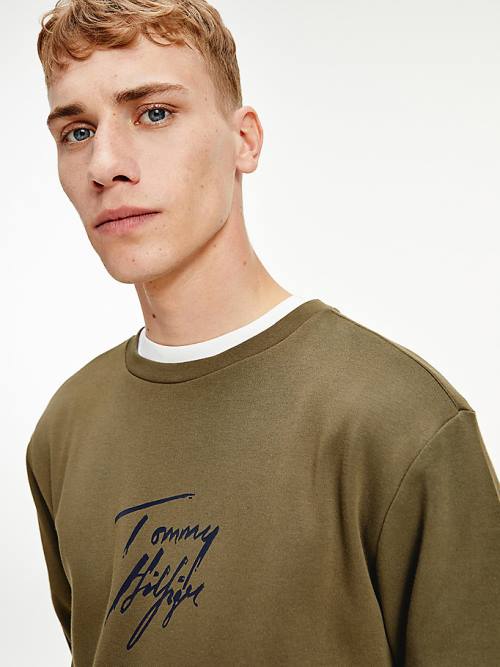 Khaki Tommy Hilfiger Signature Logo Stretch Organic Cotton Sweatshirt Men's Pyjamas | TH068XPD