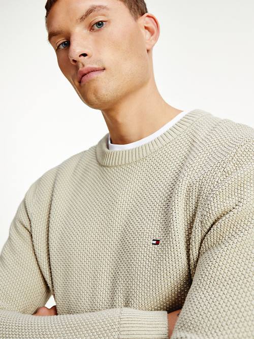 Khaki Tommy Hilfiger Textured Relaxed Fit Jumper Men's Sweaters | TH468ZEQ