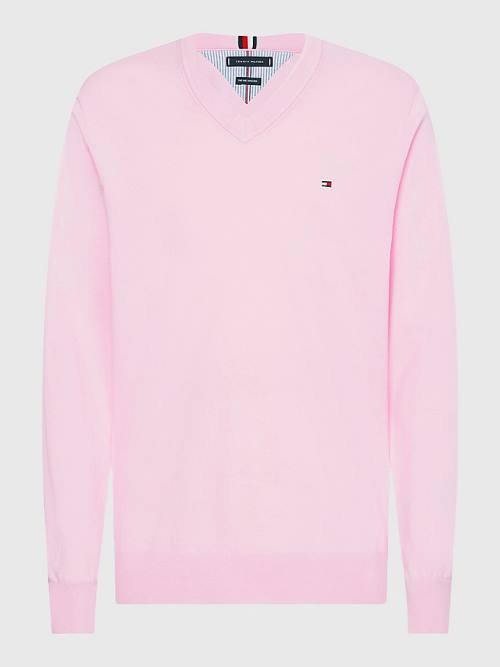 Pink Tommy Hilfiger 1985 Essential TH Flex V-Neck Jumper Men's Sweaters | TH752PEU