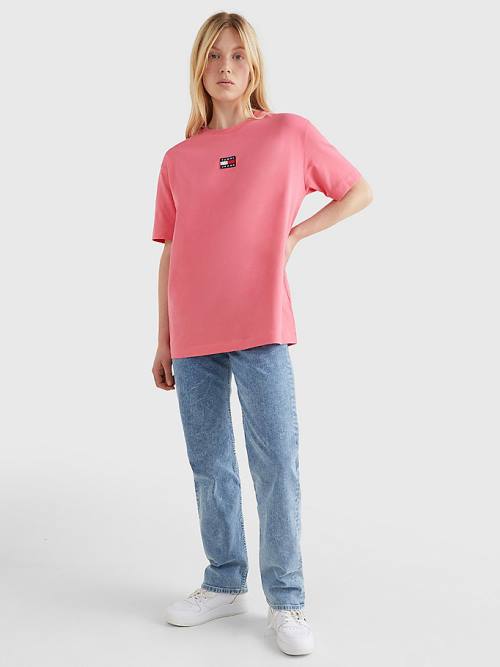 Pink Tommy Hilfiger Badge Oversized Fit Women's T Shirts | TH635KQP