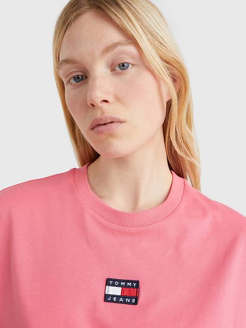 Pink Tommy Hilfiger Badge Oversized Fit Women's T Shirts | TH635KQP