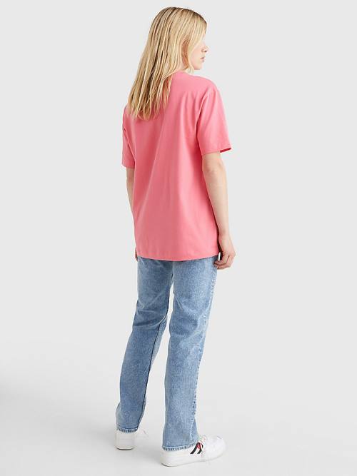 Pink Tommy Hilfiger Badge Oversized Fit Women's T Shirts | TH635KQP