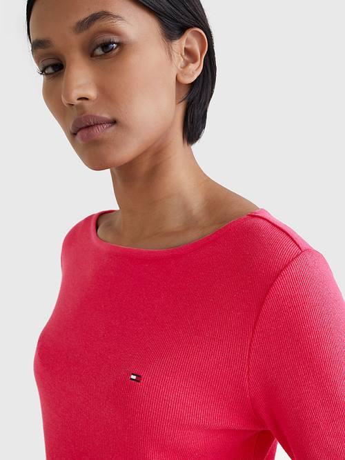 Pink Tommy Hilfiger Boat Neck Long Sleeve Skinny Women's T Shirts | TH245RON