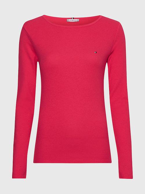 Pink Tommy Hilfiger Boat Neck Long Sleeve Skinny Women's T Shirts | TH245RON