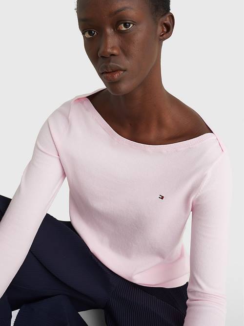 Pink Tommy Hilfiger Boat Neck Organic Cotton Jumper Women's Sweaters | TH063CUV