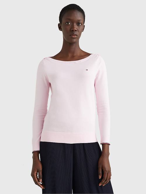 Pink Tommy Hilfiger Boat Neck Organic Cotton Jumper Women\'s Sweaters | TH063CUV