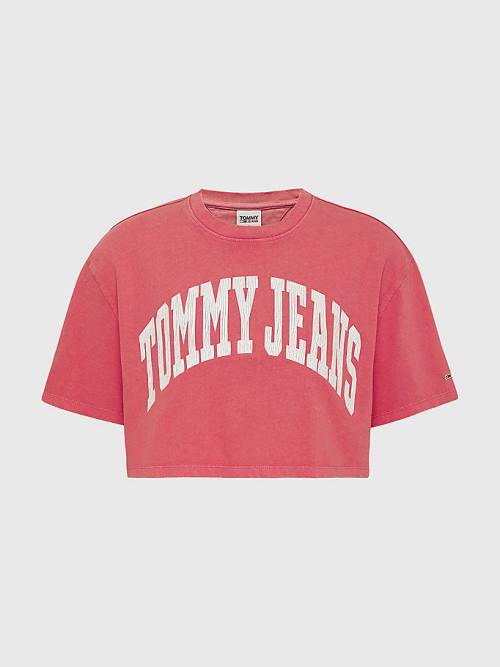 Pink Tommy Hilfiger College Oversized Cropped Women's T Shirts | TH356ZDC