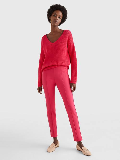 Pink Tommy Hilfiger Contrast Knit Relaxed Fit V-Neck Jumper Women's Sweaters | TH570PLW