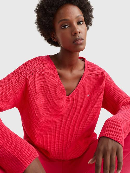 Pink Tommy Hilfiger Contrast Knit Relaxed Fit V-Neck Jumper Women's Sweaters | TH570PLW