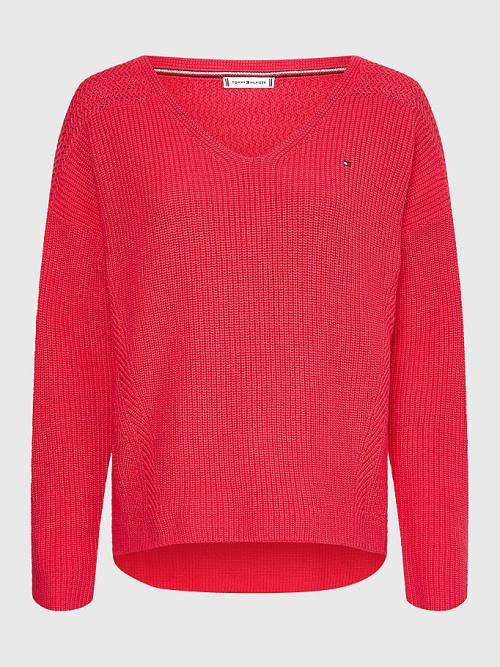 Pink Tommy Hilfiger Contrast Knit Relaxed Fit V-Neck Jumper Women's Sweaters | TH570PLW