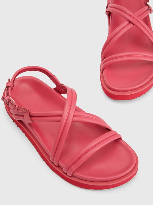 Pink Tommy Hilfiger Crest Buckle Leather Women's Sandals | TH972EMN