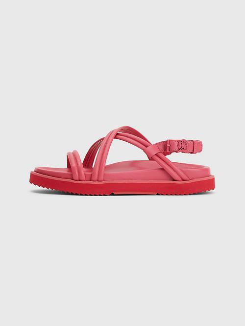 Pink Tommy Hilfiger Crest Buckle Leather Women's Sandals | TH972EMN