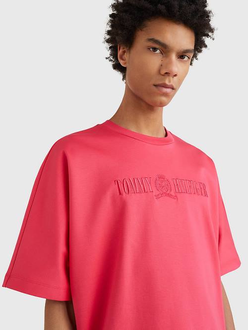 Pink Tommy Hilfiger Crest Embroidery Organic Cotton Men's T Shirts | TH149OYJ