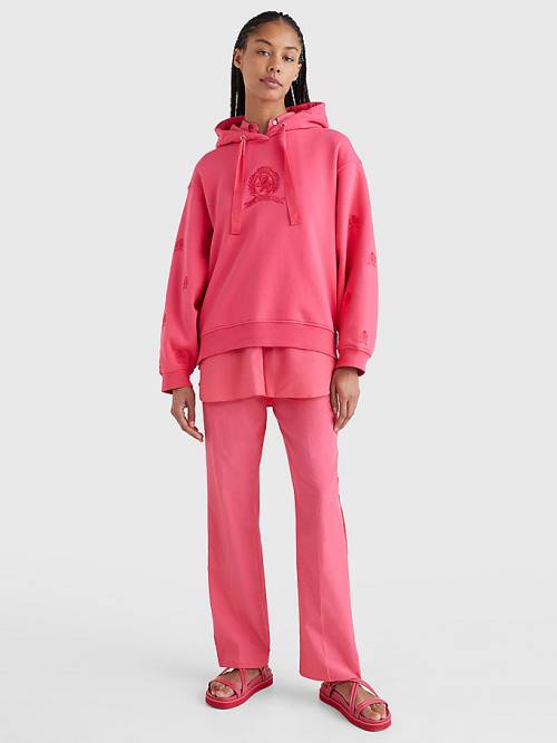 Pink Tommy Hilfiger Crest Embroidery Women's Hoodie | TH102YKX