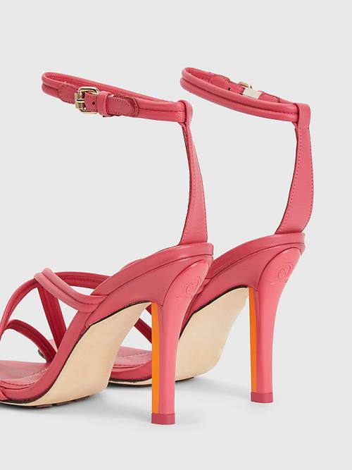 Pink Tommy Hilfiger Crest High Heel Strap Leather Women's Sandals | TH572VAD