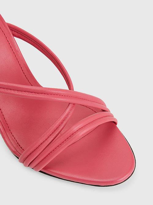 Pink Tommy Hilfiger Crest High Heel Strap Leather Women's Sandals | TH572VAD