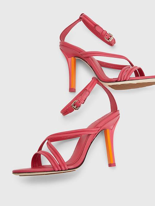 Pink Tommy Hilfiger Crest High Heel Strap Leather Women's Sandals | TH572VAD