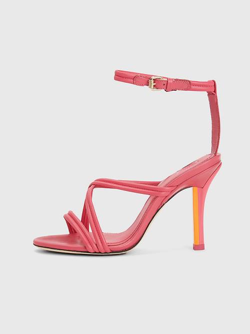 Pink Tommy Hilfiger Crest High Heel Strap Leather Women's Sandals | TH572VAD