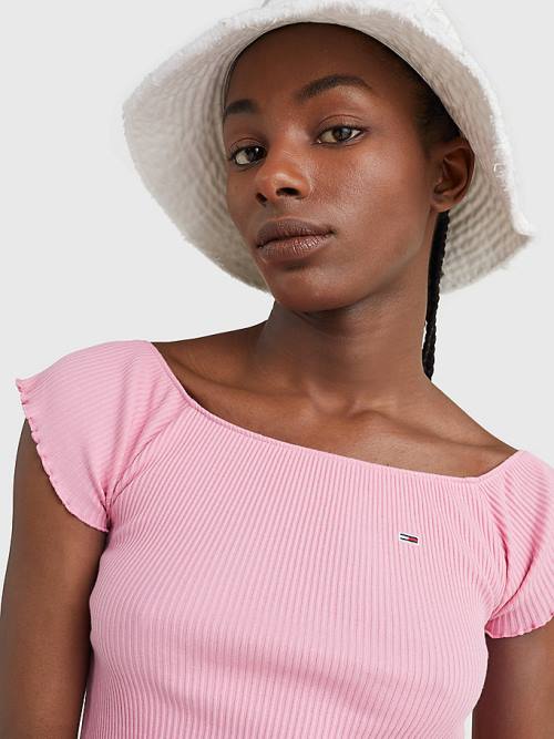 Pink Tommy Hilfiger Cropped Off-The-Shoulder Women's T Shirts | TH762GTY