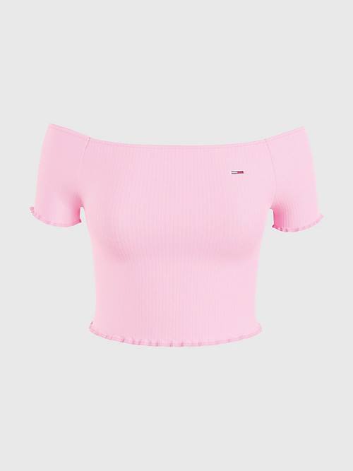 Pink Tommy Hilfiger Cropped Off-The-Shoulder Women's T Shirts | TH762GTY