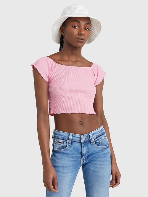 Pink Tommy Hilfiger Cropped Off-The-Shoulder Women\'s T Shirts | TH762GTY