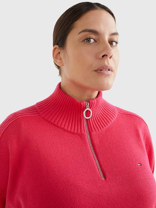 Pink Tommy Hilfiger Curve Oversized Half-Zip High Neck Jumper Women's Sweaters | TH972IJF