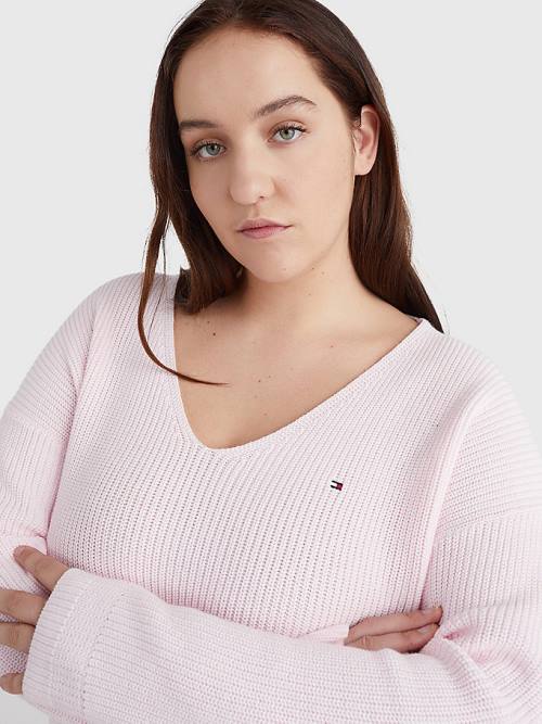 Pink Tommy Hilfiger Curve Rib-Knit Organic Cotton Relaxed Fit Jumper Women's Sweaters | TH528MQK