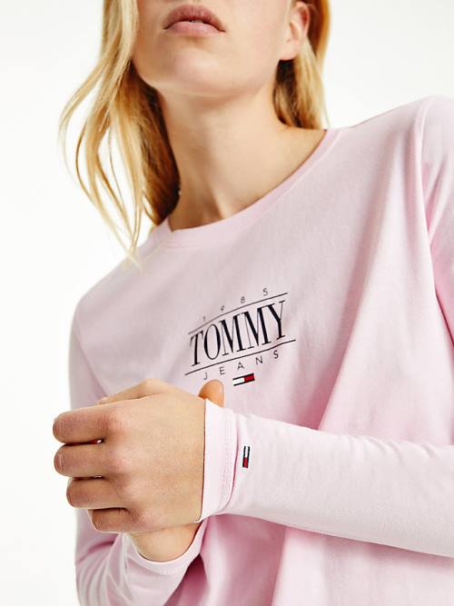 Pink Tommy Hilfiger Essential Long Sleeve Logo Women's T Shirts | TH184DNR