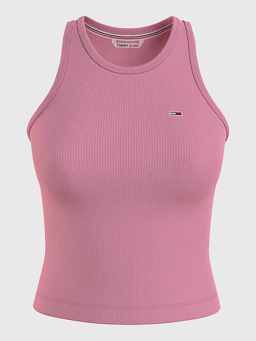 Pink Tommy Hilfiger Feminine Ribbed Tank Top Women\'s T Shirts | TH315RSB