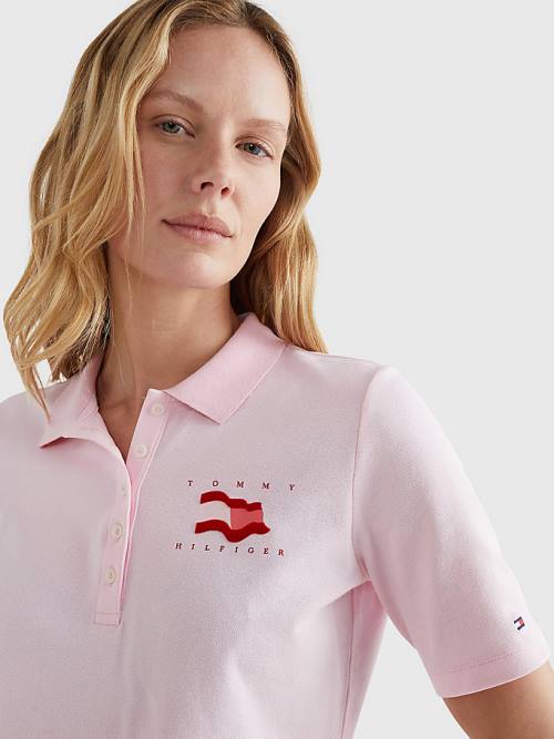 Pink Tommy Hilfiger Flock Flag Women's Polo Shirts | TH436XUE