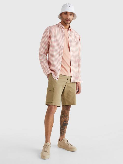 Pink Tommy Hilfiger Gingham Regular Fit Linen Men's Shirts | TH680KTZ