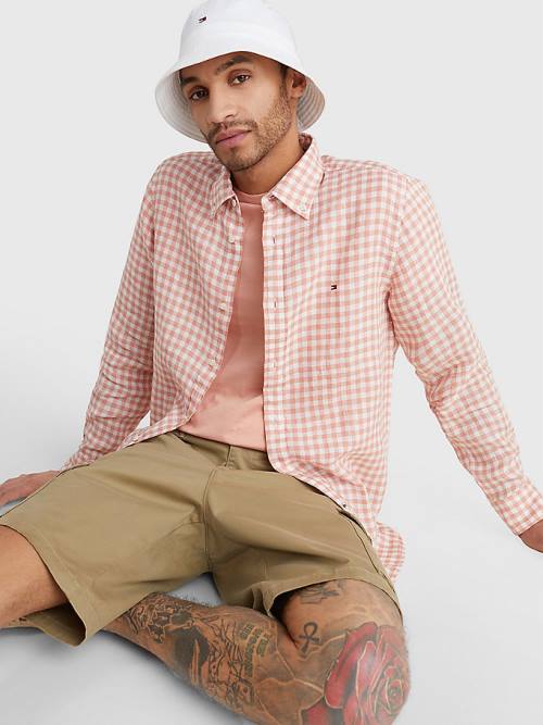 Pink Tommy Hilfiger Gingham Regular Fit Linen Men's Shirts | TH680KTZ