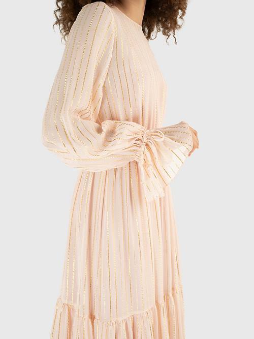 Pink Tommy Hilfiger Gold Stripe Silk Blend Maxi Women's Dress | TH073QWZ