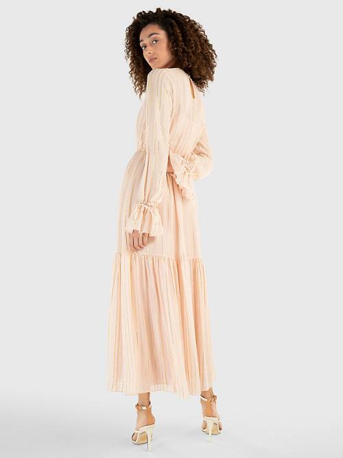 Pink Tommy Hilfiger Gold Stripe Silk Blend Maxi Women's Dress | TH073QWZ