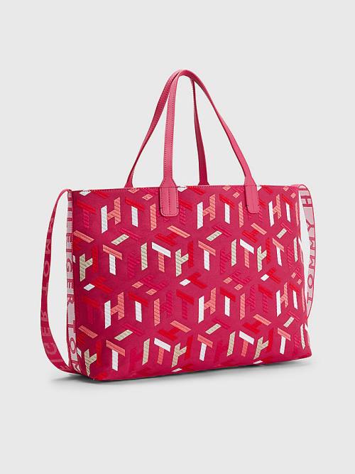 Pink Tommy Hilfiger Iconic Monogram Embroidery Cotton Tote Women's Bags | TH963HCQ