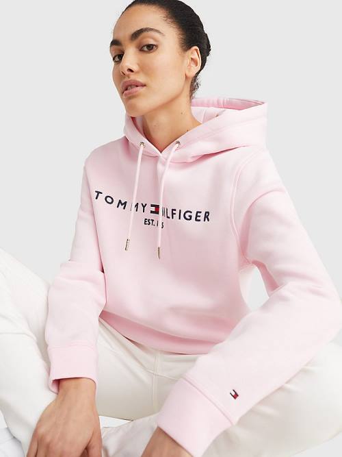 Pink Tommy Hilfiger Logo Drawstring Regular Fit Women's Hoodie | TH601DYJ