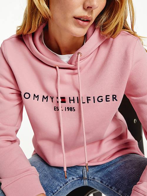 Pink Tommy Hilfiger Logo Drawstring Regular Fit Women's Hoodie | TH645HUC