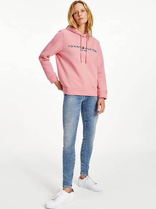 Pink Tommy Hilfiger Logo Drawstring Regular Fit Women\'s Hoodie | TH645HUC