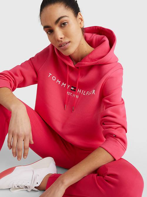 Pink Tommy Hilfiger Logo Drawstring Regular Fit Women's Hoodie | TH956BUF