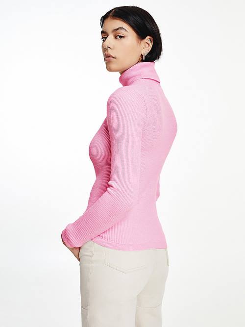 Pink Tommy Hilfiger Logo Embroidery Ribbed Roll Neck Jumper Women's Sweaters | TH051OZD