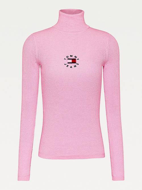 Pink Tommy Hilfiger Logo Embroidery Ribbed Roll Neck Jumper Women's Sweaters | TH051OZD