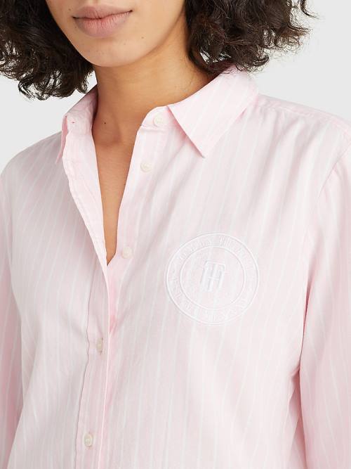 Pink Tommy Hilfiger Logo Embroidery Stripe Regular Fit Women's Shirts | TH749KXM