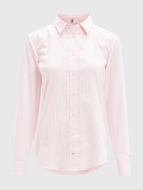 Pink Tommy Hilfiger Logo Embroidery Stripe Regular Fit Women's Shirts | TH749KXM