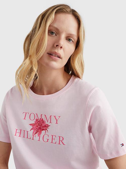 Pink Tommy Hilfiger Organic Cotton Floral Print Women's T Shirts | TH086MET