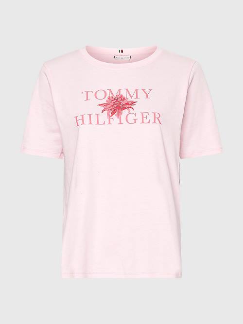 Pink Tommy Hilfiger Organic Cotton Floral Print Women's T Shirts | TH086MET